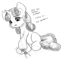 Size: 737x727 | Tagged: safe, artist:alloyrabbit, button mash, sweetie belle, human, g4, dialogue, humanized, micro, monochrome, pushing, sitting, sketch