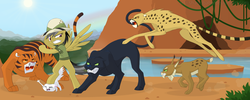 Size: 2000x800 | Tagged: safe, artist:shadobabe, daring do, big cat, cat, cheetah, lynx, panther, pegasus, pony, tiger, g4, ahuizotl's cats, animal, clothes, female, fight, hat, kitten, mare, pith helmet, shirt, sun