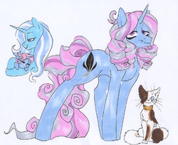 Size: 512x417 | Tagged: safe, artist:frozensoulpony, trixie, oc, oc:somber soliloquy, cat, pony, unicorn, g4, colt, female, male, mare, mother and son, offspring, parent:trixie, parent:unnamed oc, parents:canon x oc