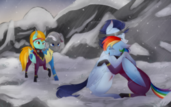 Size: 1024x642 | Tagged: safe, artist:chiweee, lightning dust, rainbow dash, silver lining, silver zoom, soarin', pegasus, pony, fanfic:piercing the heavens, g4, beaten up, blushing, bruised, clothes, costume, crying, ear fluff, eyes closed, fake horn, fanfic art, female, floppy ears, frown, headband, hoofprints, hug, injured, male, mountain, open mouth, raised hoof, scar, shadowbolt dash, shadowbolts, shadowbolts costume, ship:soarindash, shipping, sitting, smiling, snow, snowfall, standing, straight, tears of joy, tight clothing, tired, wonderbolts uniform
