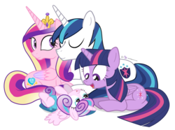 Size: 975x725 | Tagged: safe, artist:dm29, princess cadance, princess flurry heart, shining armor, twilight sparkle, pony, g4, season 6, auntie twilight, baby, baby pony, cooing, cute, diaper, eyes closed, giggling, julian yeo is trying to murder us, on back, open mouth, prone, simple background, smiling, transparent background