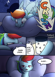 Size: 940x1330 | Tagged: safe, artist:martinhello, rainbow dash, firefly (insect), insect, pegasus, pony, comic:riding the storm, g4, comic, drunk, drunker dash, flying, flying while under the influence, night, pillow, rainbow crash, rainbow dash's house