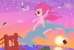 Size: 6000x4062 | Tagged: dead source, safe, artist:mahaugher, pinkie pie, forretress, hammerhead shark, shark, g4, absurd resolution, bridge, couch, epic, pokémon, treasure chest, wat