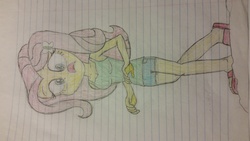 Size: 5312x2988 | Tagged: safe, artist:deon miller, fluttershy, equestria girls, g4, feet, female, lined paper, sideways image, solo, traditional art