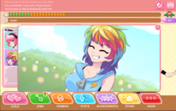 Size: 1198x751 | Tagged: safe, screencap, human, g4, crush crush, expy, game, human that look like rainbow dash, humanized, iro, pony cameo, pony reference, smiling