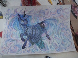 Size: 717x538 | Tagged: safe, artist:dany-the-hell-fox, princess luna, alicorn, pony, g4, abstract background, fangs, female, missing accessory, smiling, solo, spots, traditional art