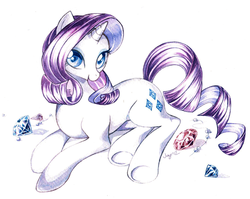 Size: 1258x1000 | Tagged: safe, artist:jiayi, rarity, pony, unicorn, g4, cute, diamond, female, gem, jewelry, looking at you, lying down, mare, necklace, pearl, pearl necklace, raribetes, simple background, solo, traditional art