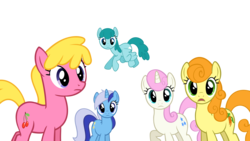 Size: 4000x2249 | Tagged: dead source, safe, artist:likonan, carrot top, cherry berry, golden harvest, minuette, spring melody, sprinkle medley, twinkleshine, earth pony, pegasus, pony, unicorn, dragonshy, g4, season 1, background pony, looking at you, simple background, surprised, transparent background, vector