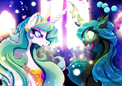 Size: 1920x1358 | Tagged: safe, artist:rariedash, princess celestia, queen chrysalis, alicorn, changeling, changeling queen, pony, g4, fangs, female, glowing eyes, horn, horns are touching, open mouth, tongue out