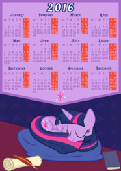 Size: 3508x4961 | Tagged: safe, artist:e-49, twilight sparkle, alicorn, pony, g4, beanbag, beanbag chair, book, calendar, calendar2016, female, mare, quill, scroll, sleeping, twilight sparkle (alicorn), vector