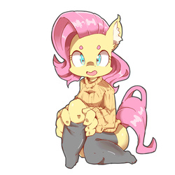 Size: 2480x2480 | Tagged: safe, artist:asprin white rabbit, fluttershy, anthro, g4, clothes, female, high res, socks, solo, sweater, sweatershy, thigh highs