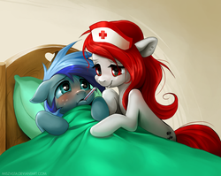 Size: 900x716 | Tagged: safe, artist:miszasta, oc, oc only, pony, bed, bipedal leaning, blushing, caring for the sick, ear piercing, nurse, piercing, sick, thermometer