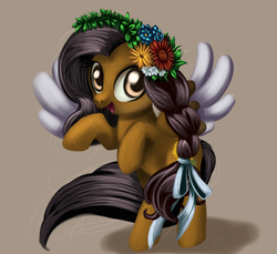 Size: 894x819 | Tagged: safe, artist:ailatf, oc, oc only, oc:sunflower (ailatf), pegasus, pony, colored wings, female, flower, flower in hair, mare, multicolored wings, solo, two toned wings