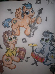 Size: 2736x3648 | Tagged: safe, artist:shelby100, cheese sandwich, flash sentry, soarin', pony, g4, accordion, backwards cutie mark, band, chest fluff, drums, ear fluff, fluffy, guitar, high res, musical instrument, old cutie mark, traditional art