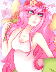 Size: 695x900 | Tagged: safe, artist:usagikari, fluttershy, human, g4, armpits, breasts, cleavage, female, flower, flower in hair, humanized, solo, winged humanization