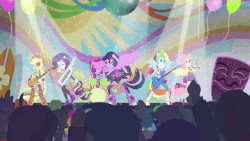 Size: 718x404 | Tagged: safe, screencap, applejack, captain planet, cherry crash, curly winds, fluttershy, microchips, mystery mint, paisley, pinkie pie, rainbow dash, rarity, scribble dee, some blue guy, starlight, teddy t. touchdown, tennis match, thunderbass, twilight sparkle, valhallen, alicorn, equestria girls, g4, my little pony equestria girls: rainbow rocks, shake your tail, animated, background human, ponied up, the rainbooms, twilight sparkle (alicorn)