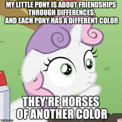 Size: 500x500 | Tagged: safe, sweetie belle, g4, exploitable meme, image macro, meme, sudden clarity sweetie belle