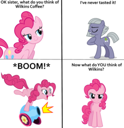 Size: 1000x1039 | Tagged: safe, limestone pie, pinkie pie, earth pony, pony, g4, comic, commercial, duo, duo female, female, implied death, mare, party cannon, pie sisters, siblings, sisters, wilkins, wilkins coffee, wontkins