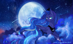 Size: 2000x1200 | Tagged: safe, artist:cassiel, princess luna, g4, cloud, female, moon, night, prone, smiling, solo