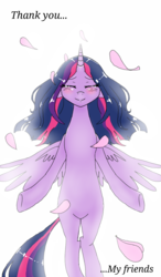 Size: 750x1280 | Tagged: safe, artist:161141, twilight sparkle, alicorn, pony, g4, backlighting, blushing, crying, female, floating, mare, petals, smiling, solo, twilight sparkle (alicorn)