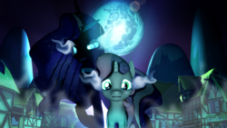 Size: 3840x2160 | Tagged: safe, artist:longsword97, nightmare rarity, rarity, sweetie belle, g4, 3d, crying, full moon, glowing eyes, high res, mare in the moon, moon, night, ponyville, sisters, source filmmaker