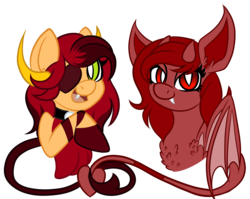 Size: 1500x1192 | Tagged: safe, artist:monster-drool, oc, oc only, oc:scarlet heart, oc:vallory, manticore, succubus, chest fluff, crossbreed, duo, eyepatch, female, horns, snaggletooth, tail