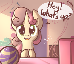Size: 1150x1000 | Tagged: safe, artist:spikedmauler, sweetie belle, pony, unicorn, g4, computer, cute, dialogue, diasweetes, female, filly, go ask sweetie belle, greeting, happy, open mouth, room, solo, speech bubble