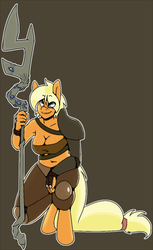 Size: 460x750 | Tagged: safe, artist:koportable, applejack, earth pony, anthro, unguligrade anthro, g4, female, runescape, solo, staff, verac the defiled