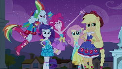 Size: 1280x720 | Tagged: safe, screencap, applejack, fluttershy, pinkie pie, rainbow dash, rarity, equestria girls, g4, armpits, balloon, boots, bracelet, derp, fall formal outfits, female, great moments in animation, hat, high heel boots, impossibly long arms, jewelry, ponied up, top hat