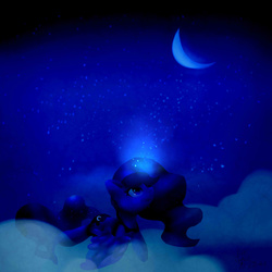 Size: 1024x1024 | Tagged: safe, artist:sundaeswirl, princess luna, g4, cloud, female, magic, night, prone, solo