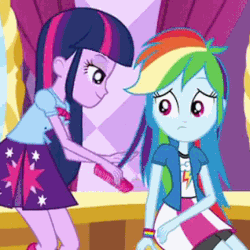 Size: 432x432 | Tagged: safe, screencap, rainbow dash, twilight sparkle, equestria girls, equestria girls (movie), animated, bowtie, bracelet, brushing, carousel boutique, clothes, cropped, cute, dashabetes, embarrassed, female, jewelry, mirror, nervous, shy, skirt, this is our big night, twilight sparkle (alicorn), wristband