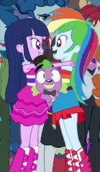 Size: 350x600 | Tagged: safe, screencap, bright idea, captain planet, cloudy kicks, curly winds, golden hazel, microchips, mystery mint, nolan north, rainbow dash, scribble dee, sophisticata, spike, thunderbass, twilight sparkle, dog, equestria girls, g4, my little pony equestria girls, animated, boobs squeezing body, boots, cropped, cute, dashabetes, excited, fall formal outfits, high heel boots, hug, spike the dog, twiabetes, twilight ball dress, twilight sparkle (alicorn)