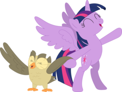 Size: 3578x2697 | Tagged: safe, artist:porygon2z, owlowiscious, twilight sparkle, alicorn, bird, owl, pony, g4, tanks for the memories, duo, eyes closed, female, high res, mare, pet, simple background, singing, transparent background, twilight sparkle (alicorn), vector