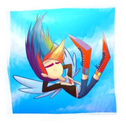 Size: 800x800 | Tagged: safe, artist:patty-plmh, rainbow dash, human, g4, arm behind head, eyes closed, falling, female, humanized, sky, smiling, solo, spread wings, winged humanization, wings