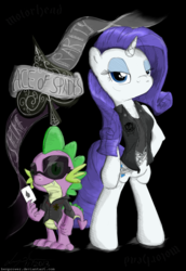 Size: 1000x1450 | Tagged: safe, artist:flutterthrash, rarity, spike, pony, semi-anthro, g4, ace of spades, album cover, arm hooves, bipedal, duo, female, heavy metal, male, metal, motorhead, playing card, ship:sparity, shipping, straight