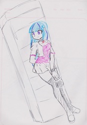 Size: 2066x2946 | Tagged: safe, artist:elgatosabio, sonata dusk, equestria girls, g4, clothes, female, high res, leaning, shirt, shoes, skirt, socks, solo, thigh highs, traditional art, zettai ryouiki