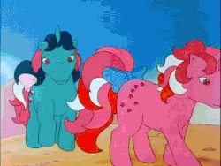 Size: 478x360 | Tagged: safe, screencap, fizzy, galaxy (g1), spike (g1), dragon, pony, twinkle eyed pony, unicorn, g1, my little pony 'n friends, the magic coins, animated, bow, cactus, female, flower, liquid, male, mare, nectar, out of context, spray, surprised, tail bow, water