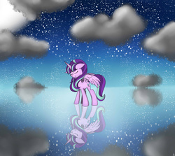 Size: 1024x913 | Tagged: safe, artist:theartistsora, starlight glimmer, alicorn, pony, g4, alicornified, female, peace, race swap, reflection, s5 starlight, solo, starlicorn, stars, water