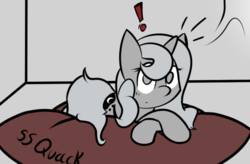 Size: 1133x742 | Tagged: safe, artist:frisky, princess luna, alicorn, pony, g4, cropped, cushion, cute, female, filly, pillow, quack, solo, woona