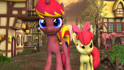 Size: 1024x576 | Tagged: safe, artist:maxressor, apple bloom, oc, oc:cybernetics, g4, 3d, morning, talking