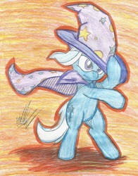 Size: 964x1232 | Tagged: safe, artist:fuzon-s, artist:krazykari, trixie, pony, g4, bipedal, colored, female, smiling, solo, style emulation, traditional art, windswept mane, yuji uekawa style