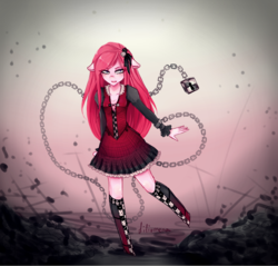 Size: 616x589 | Tagged: safe, artist:liliumena, pinkie pie, earth pony, anthro, g4, boots, chains, clothes, dress, female, lock, pinkamena diane pie, skirt, solo