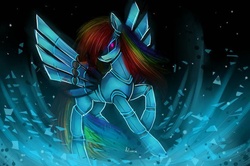 Size: 600x398 | Tagged: safe, artist:liliumena, rainbow dash, robot, g4, crossover, female, five nights at freddy's, foxy, foxy dash, rainbot dash, solo