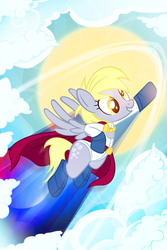 Size: 600x900 | Tagged: safe, artist:pixelkitties, derpy hooves, pegasus, pony, g4, female, flying, mare, power girl, solo