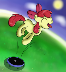 Size: 1000x1080 | Tagged: safe, artist:milanoss, apple bloom, earth pony, pony, g4, eyes closed, female, filly, foal, jumping, solo, tongue out, trampoline