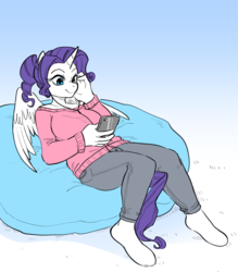 Size: 1939x2216 | Tagged: safe, artist:glacierclear, rarity, alicorn, anthro, unguligrade anthro, g4, alicornified, alternate hairstyle, beanbag chair, clothes, commission, cute, female, headphones, music player, race swap, raribetes, raricorn, smiling, solo, sweater