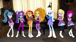 Size: 1201x665 | Tagged: safe, artist:eli-j-brony, adagio dazzle, aria blaze, fuchsia blush, lavender lace, sonata dusk, sunset shimmer, trixie, equestria girls, g4, my little pony equestria girls: rainbow rocks, clothes, equestria girls in real life, female, photo, socks, the dazzlings, trixie and the illusions