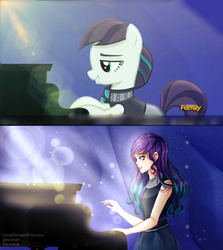Size: 1437x1614 | Tagged: safe, artist:gooddreamprincess, coloratura, human, g4, the mane attraction, clothes, discovery family logo, female, humanized, musical instrument, rara, redraw, scene interpretation, skirt, solo, veil