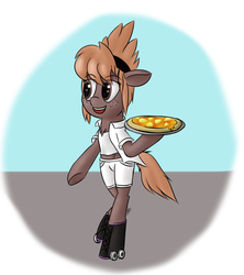 Size: 1600x1800 | Tagged: safe, artist:frecklesfanatic, oc, oc only, unnamed oc, earth pony, pony, bipedal, food, freckles, hairband, pizza, roller skates