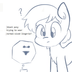 Size: 792x792 | Tagged: safe, artist:tjpones, oc, oc only, pony, bra, clothes, giant pony, lingerie, monochrome, panties, question mark, simple background, solo, underwear, white background